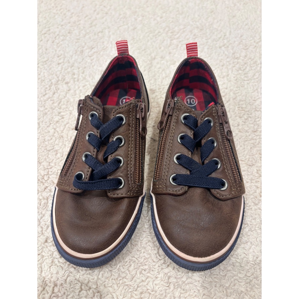Cat & Jack Toddler Boys Brown Faux Leather Dual Zip Sneakers Size 10 Plaid